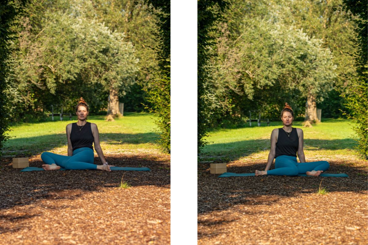 Frau macht bei Yoga fürs Skitourengehen 90/90 Haltung