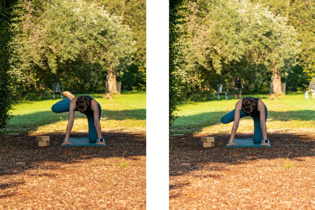 Frau macht Übung Pinkelnder Hund bzw. Firehydrant bei Yoga für Skitourengeher:innen