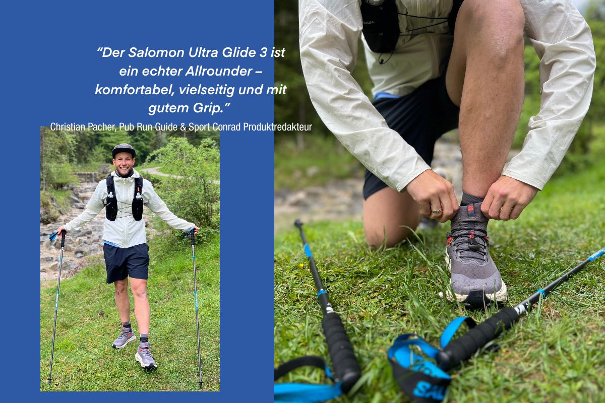Trailrunner mit Salomon Ultra Glide 3 im Test beim Schnüren des Schuhs