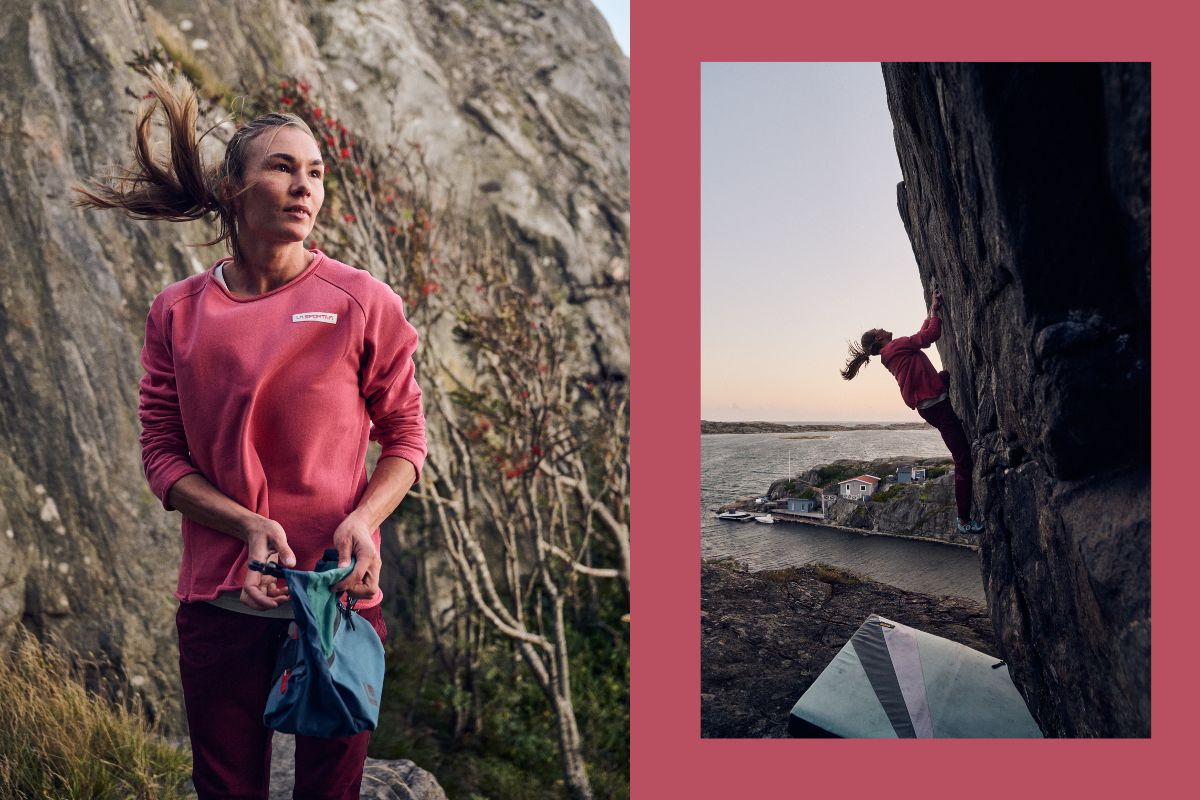 Stella Plantin beim Bouldern in Schweden