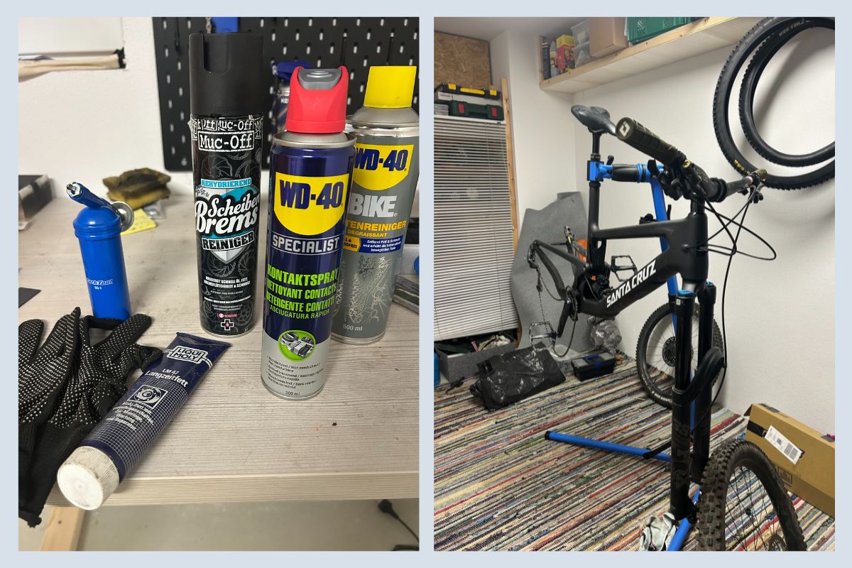Werkstattbedarf, damit das Mountainbike winterfest gemacht werden kann wie Fahrradständer und Pflegemittel