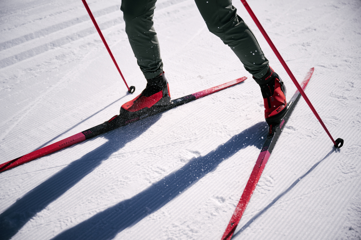 Close-up of Atomic Skating Ski and shoes.