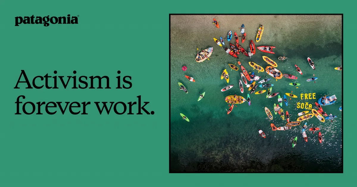Patagonia logo on a green background with the quote “Activism is forever work.” On the right, an aerial view of many colorful boats on the water.