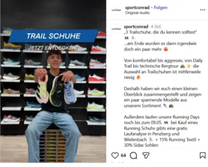 Screenshots des Instagram Reels von Sport Conrad über Trailrunning Schuhe.