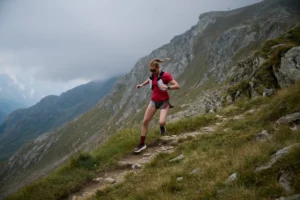 Eine Läuferin läuft auf einem schmalen Bergpfad und zeigt Trailrunning Lauftechnik bergab im alpinen Gelände.